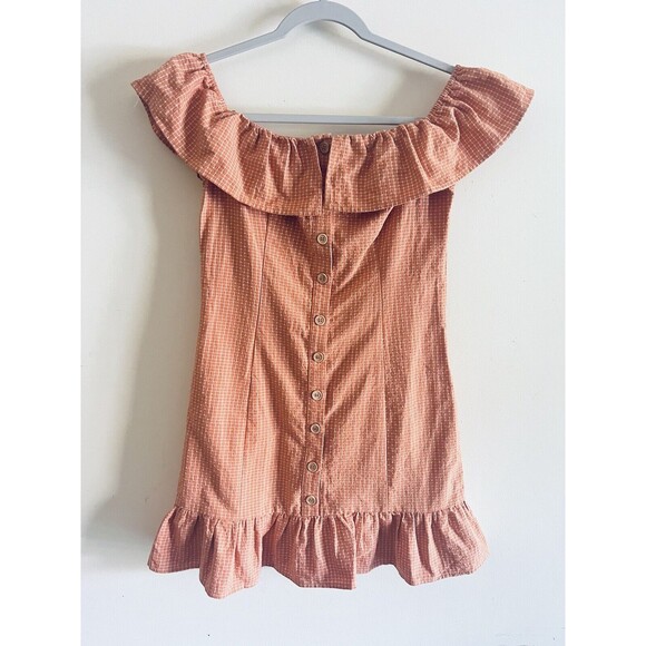 Lush Clothing Gingham Print Off Shoulder Plaid Button‎ Mini Dress Size Small - Picture 1 of 3